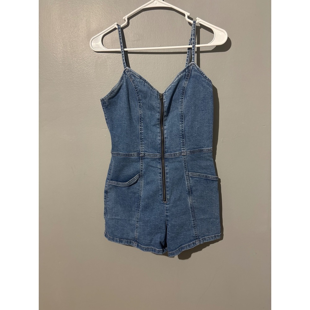 Bershka Denim Romper Medium Wash Zip Front Sleeveless Jean Bodysuit Size M